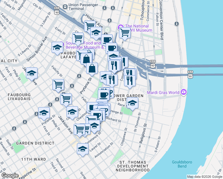 map of restaurants, bars, coffee shops, grocery stores, and more near 1432 Magazine Street in New Orleans