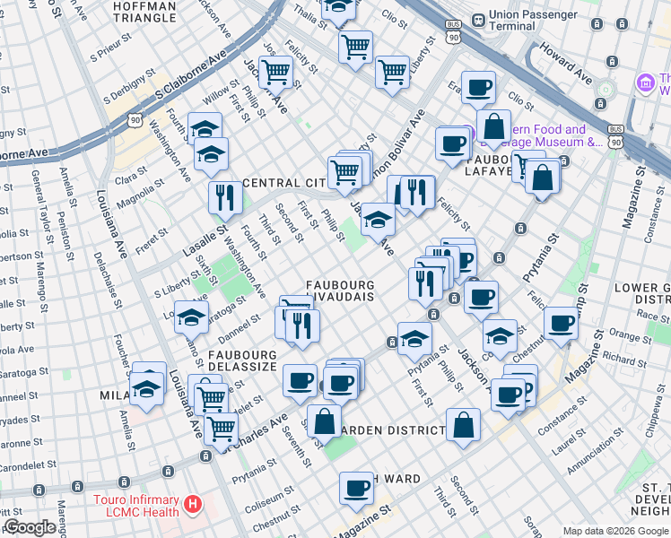map of restaurants, bars, coffee shops, grocery stores, and more near 1921 Second Street in New Orleans