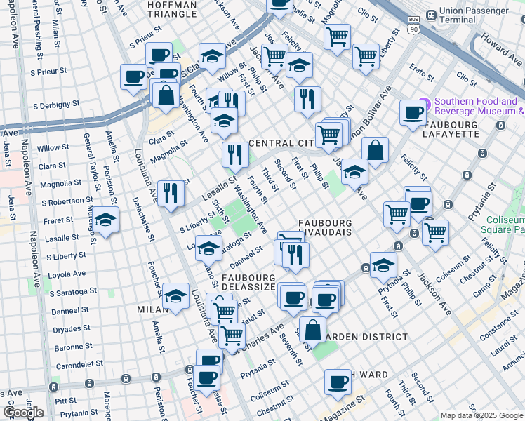 map of restaurants, bars, coffee shops, grocery stores, and more near 2141 Washington Avenue in New Orleans