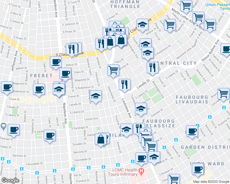 map of restaurants, bars, coffee shops, grocery stores, and more near 2411 Delachaise Street in New Orleans