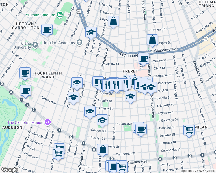 map of restaurants, bars, coffee shops, grocery stores, and more near 2318 Soniat Street in New Orleans