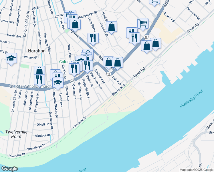 map of restaurants, bars, coffee shops, grocery stores, and more near 35 Crislaur Avenue in Harahan