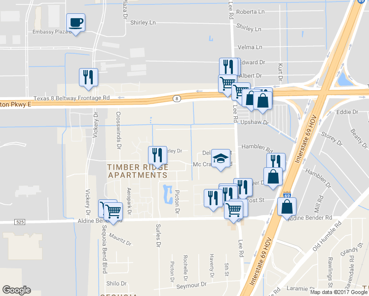 map of restaurants, bars, coffee shops, grocery stores, and more near 5514 Farley Drive in Houston