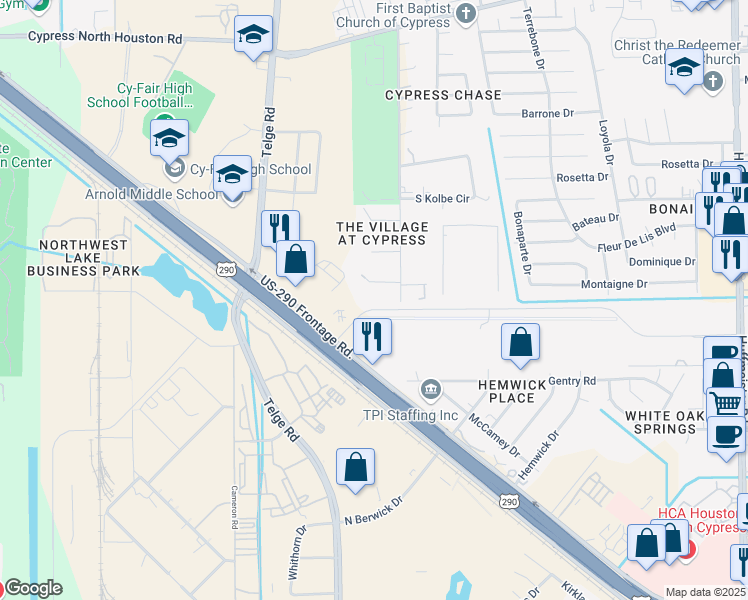 map of restaurants, bars, coffee shops, grocery stores, and more near 14619 Laura Circle in Cypress