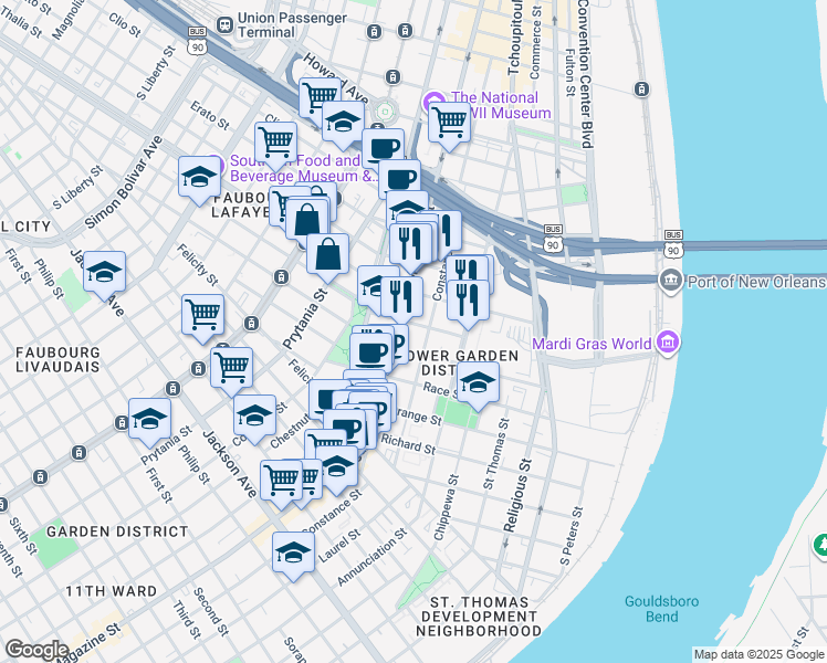 map of restaurants, bars, coffee shops, grocery stores, and more near 1020 Terpsichore Street in New Orleans