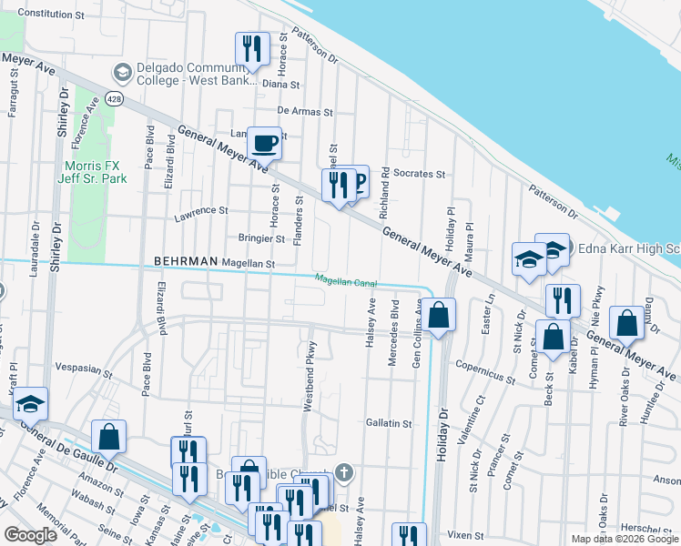 map of restaurants, bars, coffee shops, grocery stores, and more near 3530 Catalina Drive in New Orleans