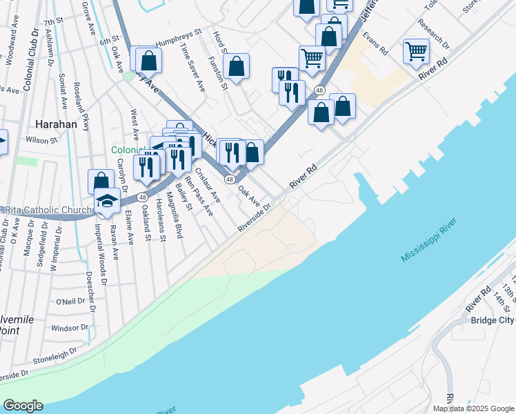 map of restaurants, bars, coffee shops, grocery stores, and more near 12 Oak Avenue in Harahan