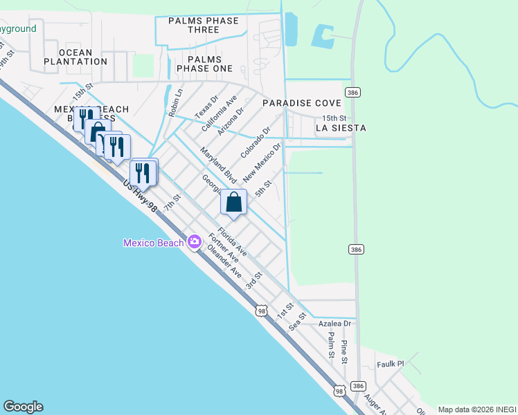map of restaurants, bars, coffee shops, grocery stores, and more near 408 Georgia Avenue in Mexico Beach