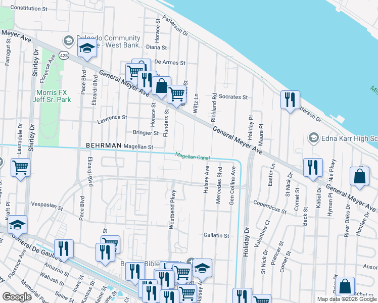map of restaurants, bars, coffee shops, grocery stores, and more near 3530 Catalina Drive in New Orleans