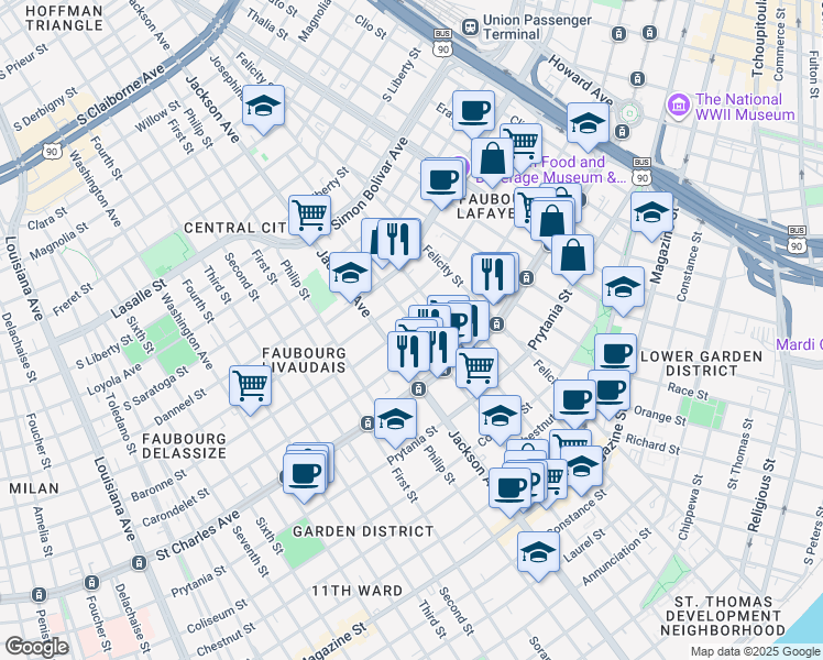 map of restaurants, bars, coffee shops, grocery stores, and more near 2127 Carondelet Street in New Orleans