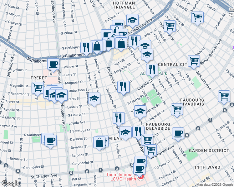 map of restaurants, bars, coffee shops, grocery stores, and more near 2411 Delachaise Street in New Orleans