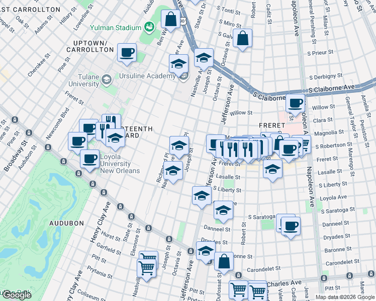 map of restaurants, bars, coffee shops, grocery stores, and more near 5624 Freret Street in New Orleans
