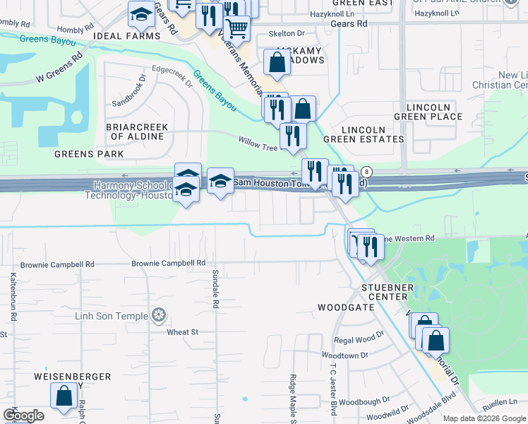 map of restaurants, bars, coffee shops, grocery stores, and more near 13803 Bearwood Road in Houston