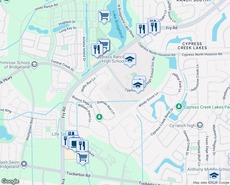 map of restaurants, bars, coffee shops, grocery stores, and more near 10300 Warner Smith Boulevard in Cypress