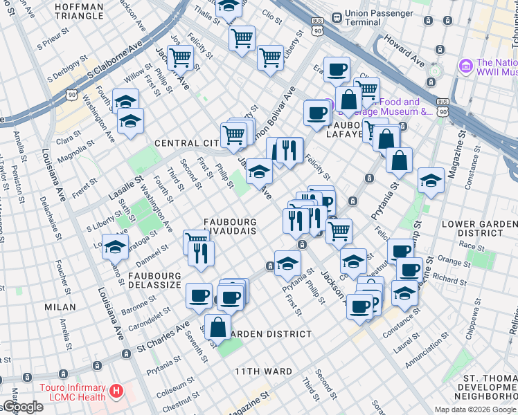 map of restaurants, bars, coffee shops, grocery stores, and more near 1836 Philip Street in New Orleans