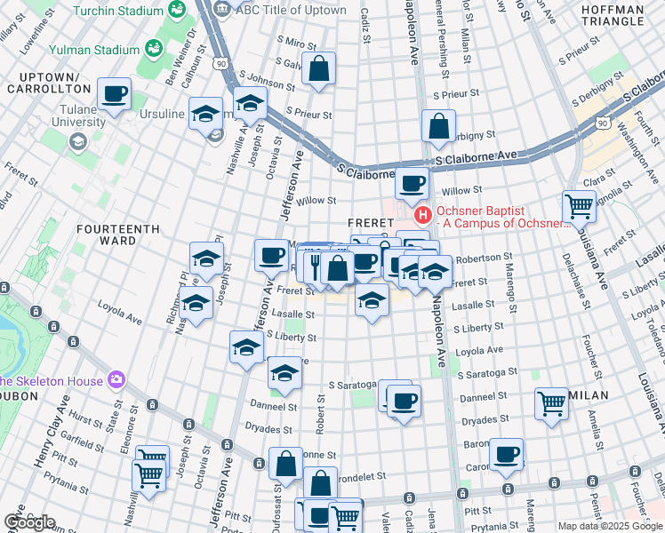 map of restaurants, bars, coffee shops, grocery stores, and more near 4935 South Robertson Street in New Orleans