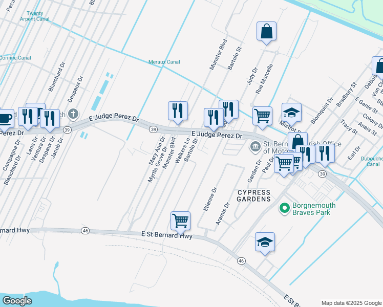 map of restaurants, bars, coffee shops, grocery stores, and more near 2420 Bartolo Street in Meraux