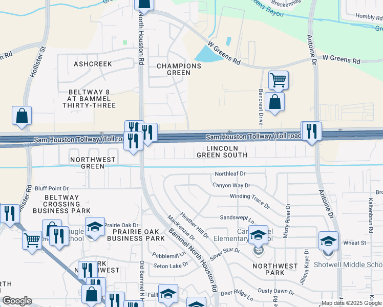map of restaurants, bars, coffee shops, grocery stores, and more near 11009 Cottontop Court in Houston