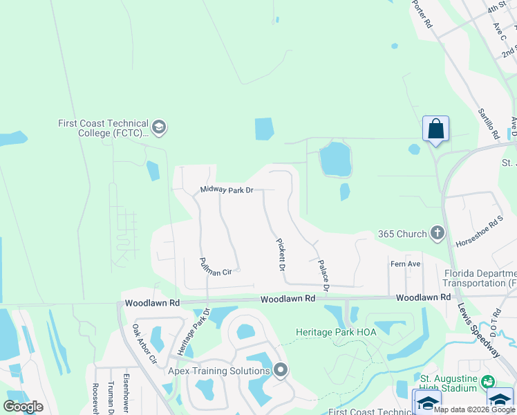 map of restaurants, bars, coffee shops, grocery stores, and more near 445 Pullman Circle in St. Augustine