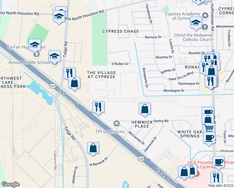 map of restaurants, bars, coffee shops, grocery stores, and more near 14503 South Kolbe Spur Drive in Cypress