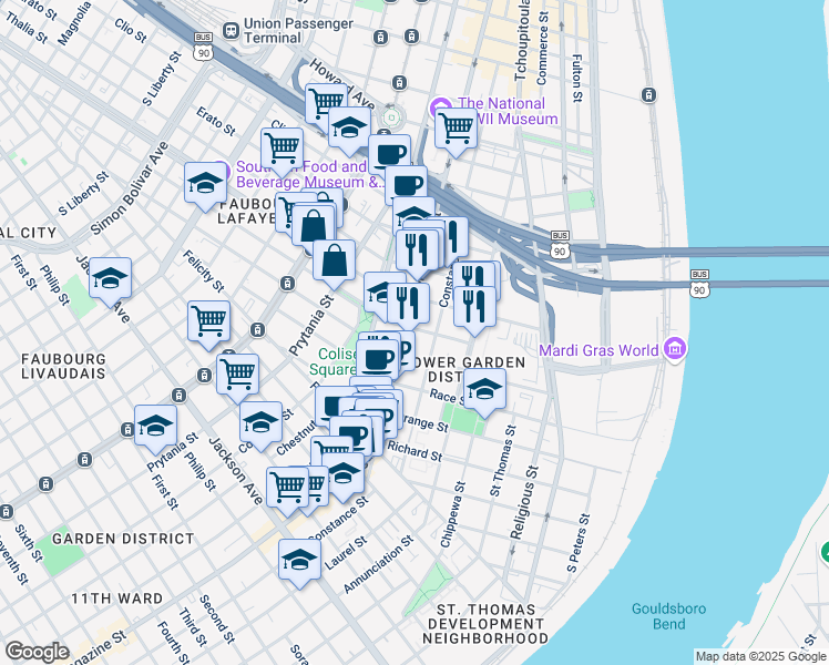 map of restaurants, bars, coffee shops, grocery stores, and more near 1432 Magazine Street in New Orleans