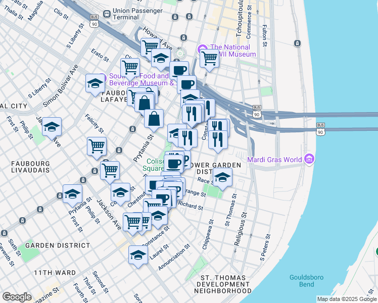 map of restaurants, bars, coffee shops, grocery stores, and more near 1432 Magazine Street in New Orleans