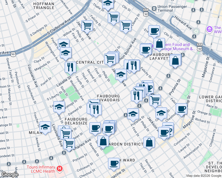 map of restaurants, bars, coffee shops, grocery stores, and more near 1921 Second Street in New Orleans