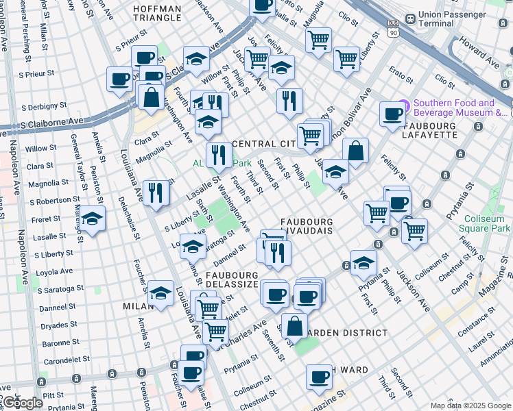 map of restaurants, bars, coffee shops, grocery stores, and more near 2141 Washington Avenue in New Orleans