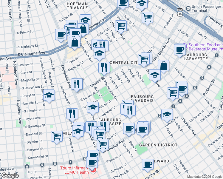 map of restaurants, bars, coffee shops, grocery stores, and more near 2110 Washington Avenue in New Orleans