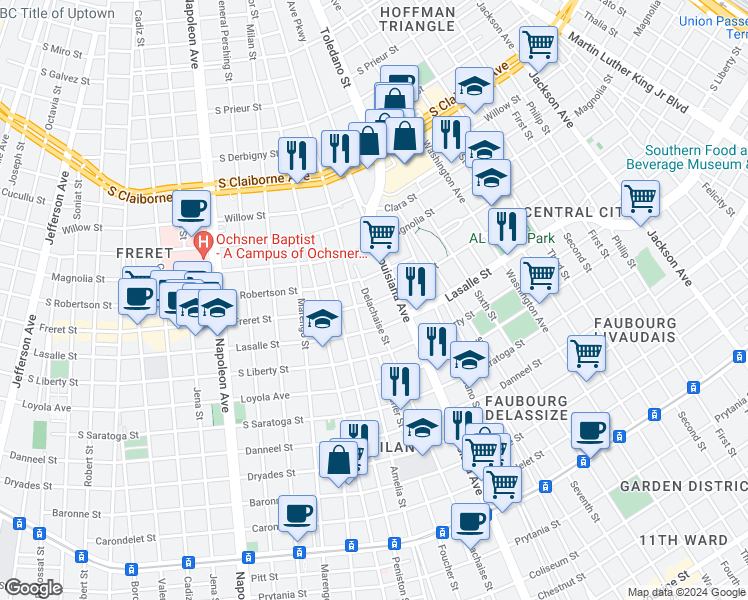 map of restaurants, bars, coffee shops, grocery stores, and more near 2411 Delachaise Street in New Orleans