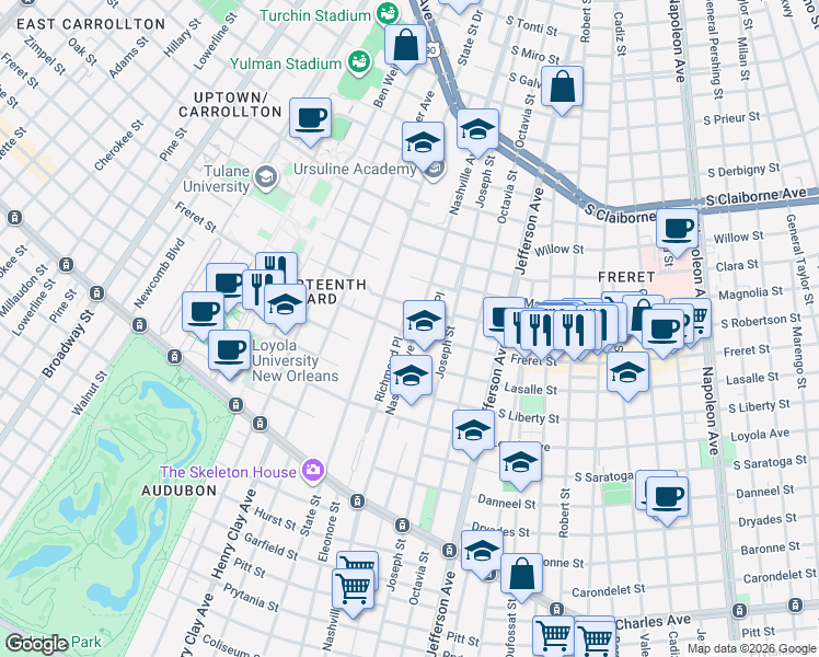 map of restaurants, bars, coffee shops, grocery stores, and more near 5624 Freret Street in New Orleans
