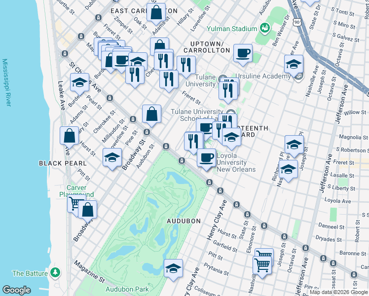 map of restaurants, bars, coffee shops, grocery stores, and more near 6823 Saint Charles Avenue in New Orleans
