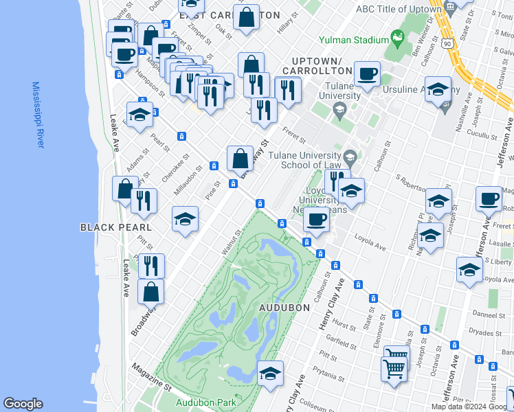 map of restaurants, bars, coffee shops, grocery stores, and more near 586 Walnut Street in New Orleans