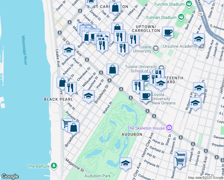 map of restaurants, bars, coffee shops, grocery stores, and more near 586 Walnut Street in New Orleans