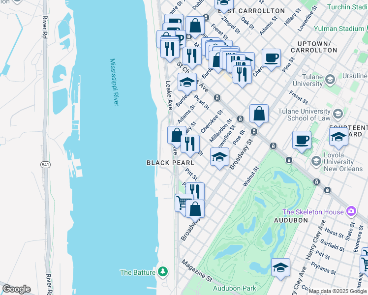 map of restaurants, bars, coffee shops, grocery stores, and more near 134 Cherokee Street in New Orleans
