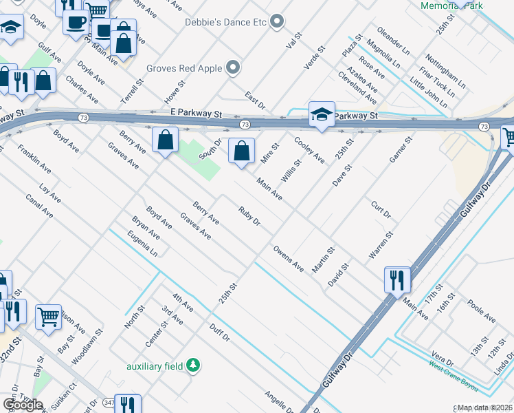 map of restaurants, bars, coffee shops, grocery stores, and more near 2711 Pearl Avenue in Groves