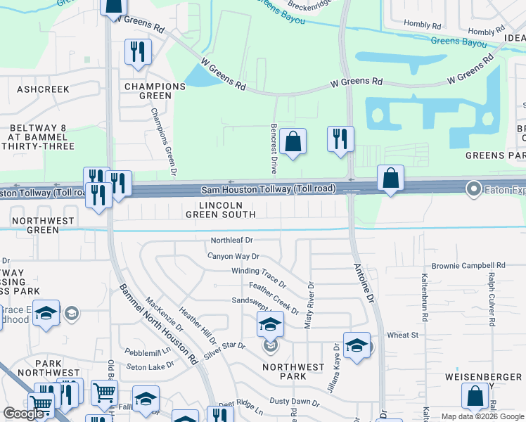 map of restaurants, bars, coffee shops, grocery stores, and more near 6919 Greenyard Drive in Houston