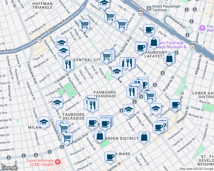 map of restaurants, bars, coffee shops, grocery stores, and more near 1921 Second Street in New Orleans