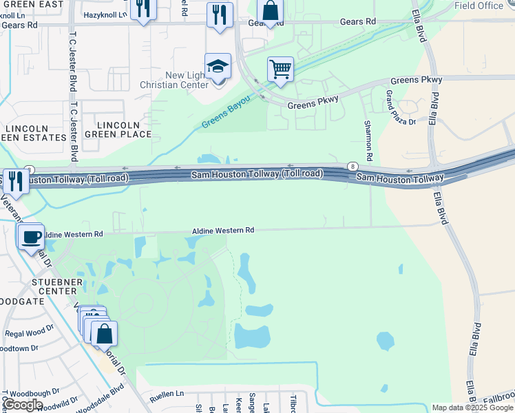 map of restaurants, bars, coffee shops, grocery stores, and more near 1717 North Sam Houston Parkway West in Houston