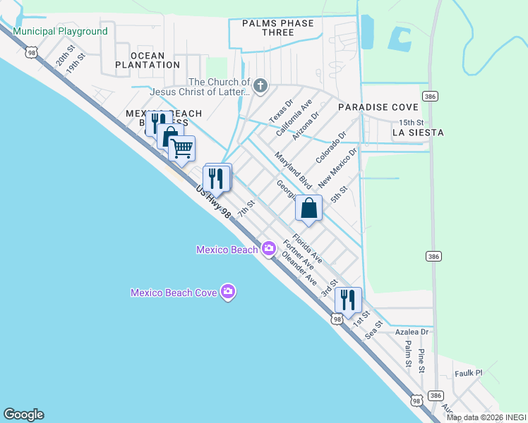 map of restaurants, bars, coffee shops, grocery stores, and more near 605-607 Oleander Avenue in Mexico Beach