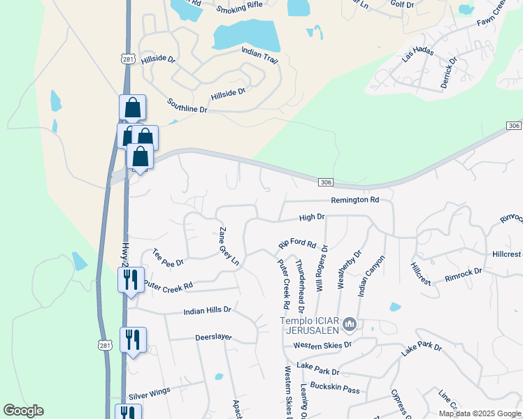 map of restaurants, bars, coffee shops, grocery stores, and more near 250 Rocky Lane in Spring Branch