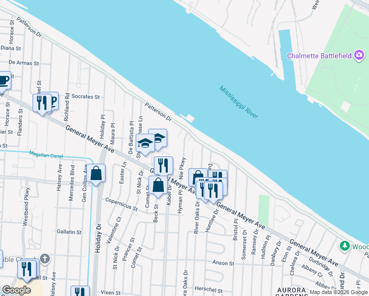 map of restaurants, bars, coffee shops, grocery stores, and more near 1714 Nie Parkway in New Orleans