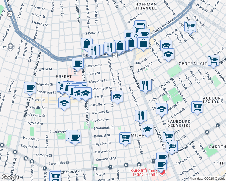 map of restaurants, bars, coffee shops, grocery stores, and more near 3902 Freret Street in New Orleans