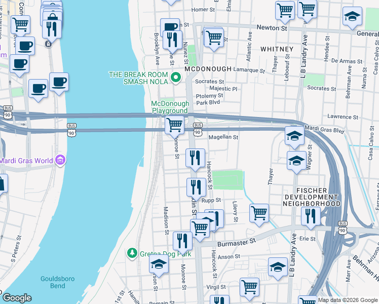 map of restaurants, bars, coffee shops, grocery stores, and more near 714 Columbus Street in Gretna