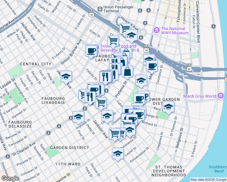 map of restaurants, bars, coffee shops, grocery stores, and more near 1801 Prytania Street in New Orleans