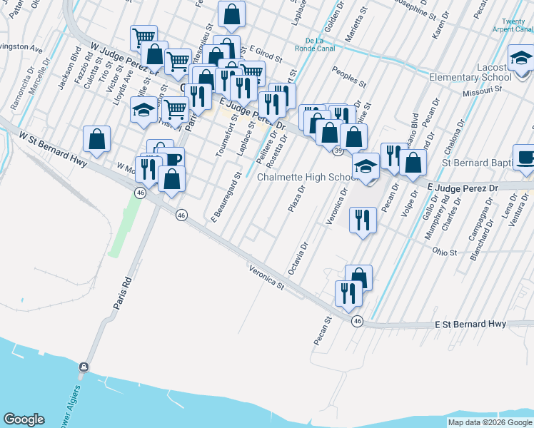 map of restaurants, bars, coffee shops, grocery stores, and more near 2205 Lyndell Drive in Chalmette