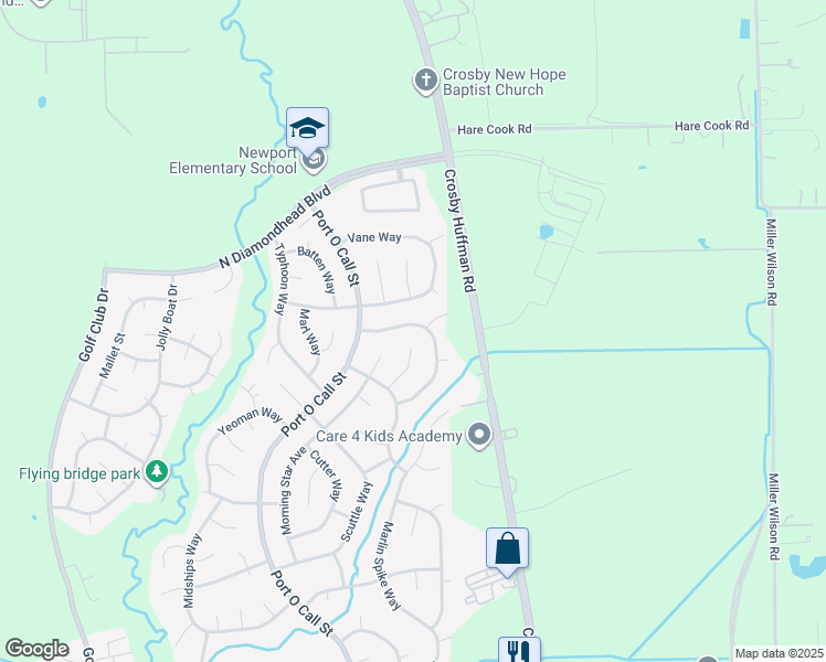 map of restaurants, bars, coffee shops, grocery stores, and more near 411 North Compass Rose Circle in Crosby