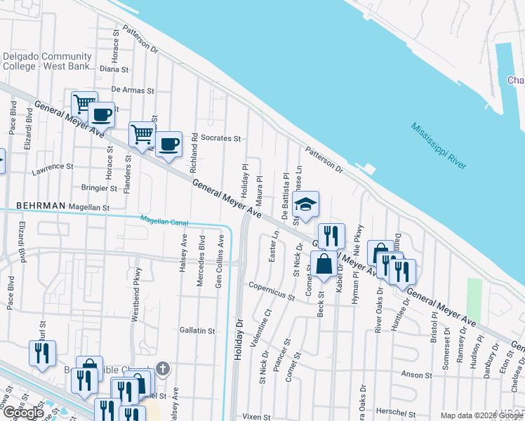 map of restaurants, bars, coffee shops, grocery stores, and more near 4129 General Meyer Avenue in New Orleans