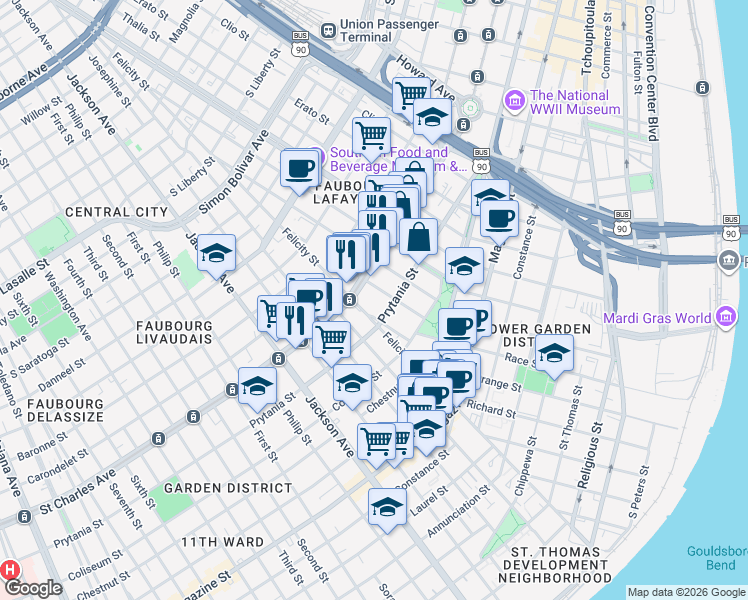 map of restaurants, bars, coffee shops, grocery stores, and more near 1801 Prytania Street in New Orleans