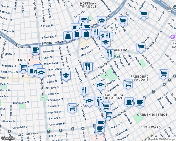 map of restaurants, bars, coffee shops, grocery stores, and more near 3328 Lasalle Street in New Orleans